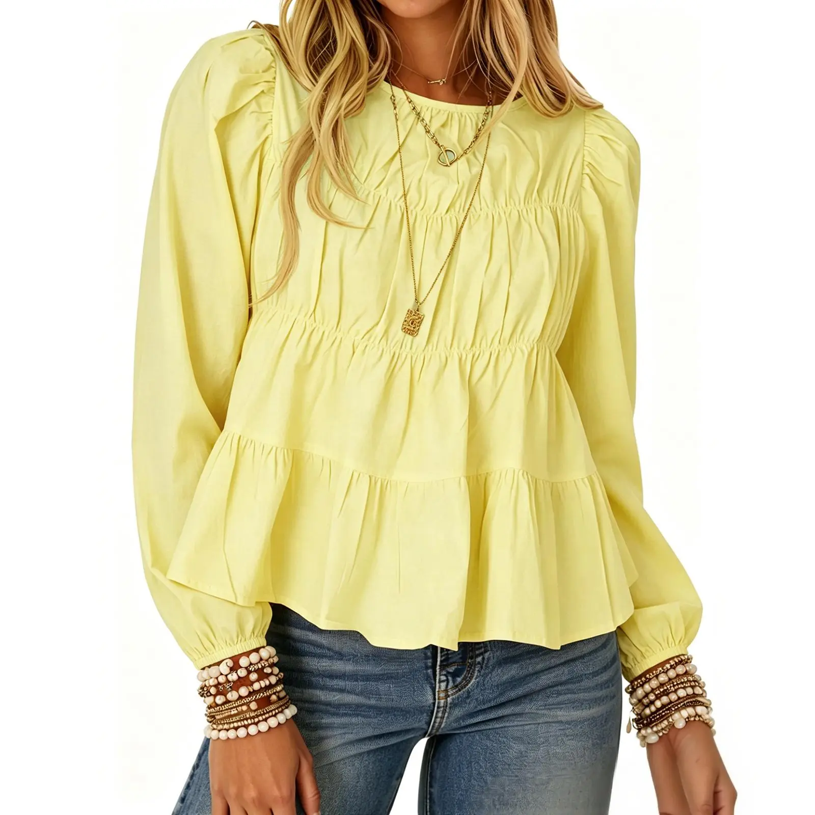 Tankaneo Womens Puff Long Sleeve Peplum Babydoll Tops Pleated Flowy Blouse