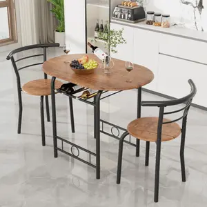 3-Piece Space-Saving Round Dining Set for 2, Kitchen Breakfast Nook Table & Chairs with Built-In Wine Rack, Wood Grain Tabletop & Metal Frame