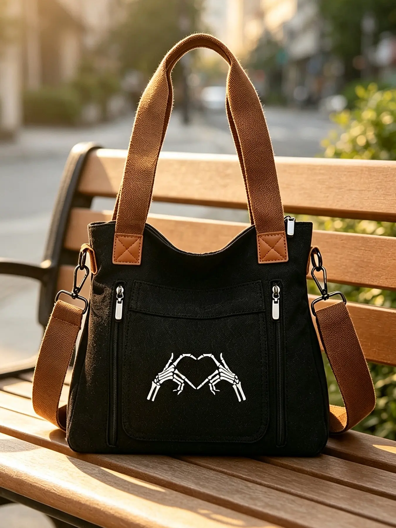 Heart Hand Gesture Print Tote Bag, Unisex Shoulder & Crossbody Bag, Large Capacity Handbag for Travel, Overnight Trip, School & Daily Use