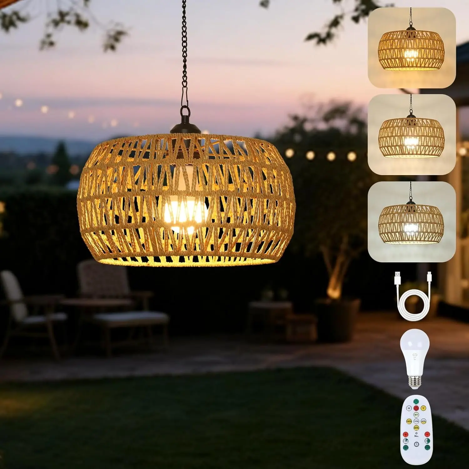 Battery Operated Chandelier with Remote, 11.8” Rattan Battery Powered Hanging Light for Porch, Rechargeable Outdoor Chandelier for Gazebo, Boho Cordless Pendant Light for Indoor Outdoor Patio