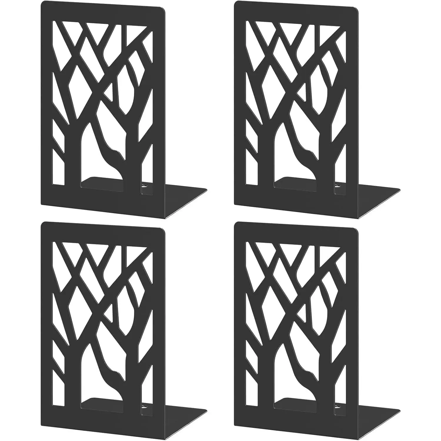 4-Piece Modern Metal Bookends for Shelves, Black Tree Book Ends for Books, Decorative Book Organizer for Desk, Non-Skid Shelve Bookends for Home Office