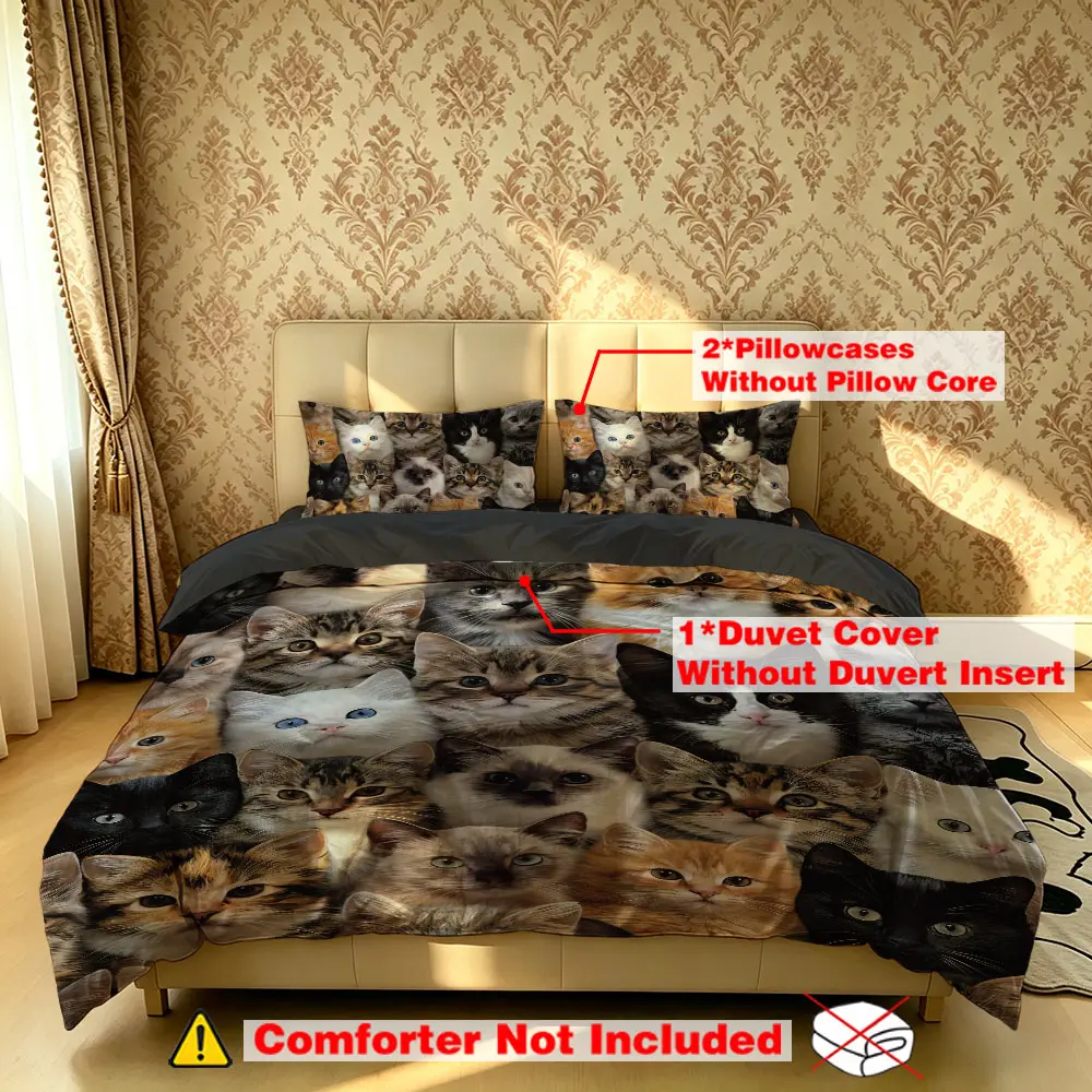 The 3-piece multi-color cat-patterned bedding set, Comfy Bedding Sets, includes one bedspread and two pillowcases. It is unstuffed, soft and comfortable, suitable for single and double beds, ideal for bedrooms, dormitories