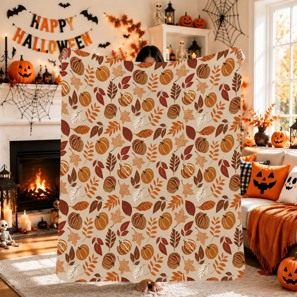 Caramel Pumpkin Leaf Print Flannel Throw Blanket, Soft Warm Anti-Pilling, Halloween Gift, Fall Party, Bed Sofa Air Conditioning Blanket
