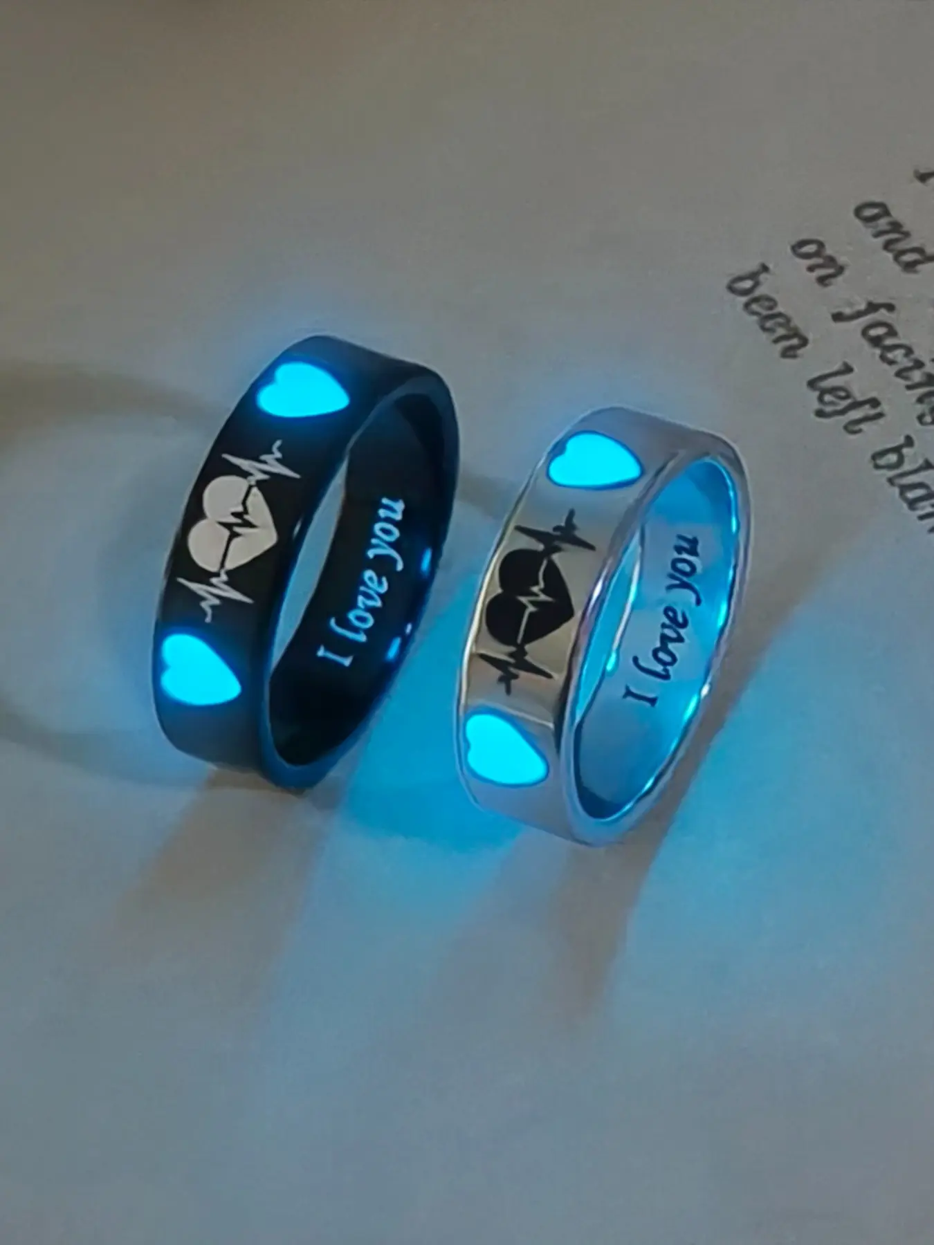 2 Pcs Night Glow Heartbeat Couple Rings, Love Pattern, Cute Style, Valentine's Day Gift, Romantic Jewelry Set, Heart Promise Rings, Beautiful Rings, Fashion Promise Ring, Matching Promise Rings