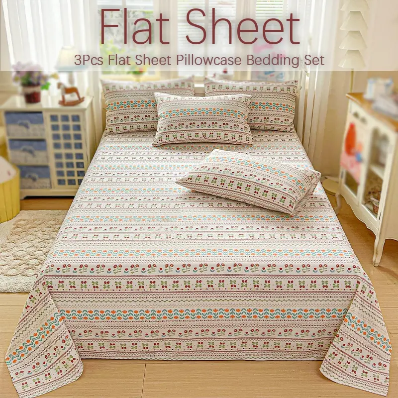 All Season Ultra Soft Vintage Striped Geometric Print 3 Piece Bed Linen Set, Wrinkle Resistant Breathable Comfort Fitted Sheet Complete Set with Coordinating Pillow Shams, Modern Boho Decorative Hotel Standard Bedding, Bedsheet Sets