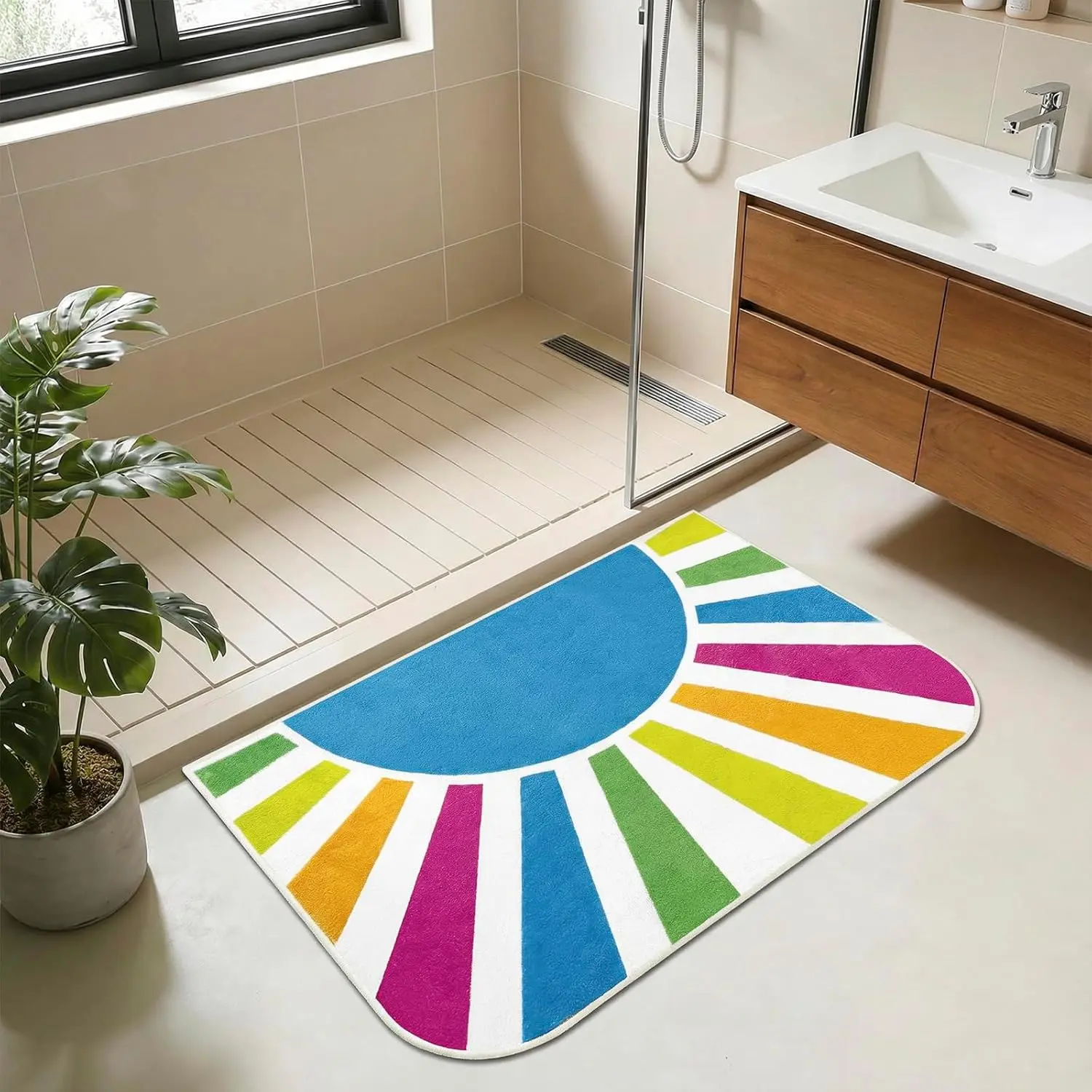 Bathroom Rug Mat 20x30, Soft  Rainbow Sun Bath Mats for Bathroom, Non Slip Machine Washable Bathmat for Shower Floor Tub Sink, Blue