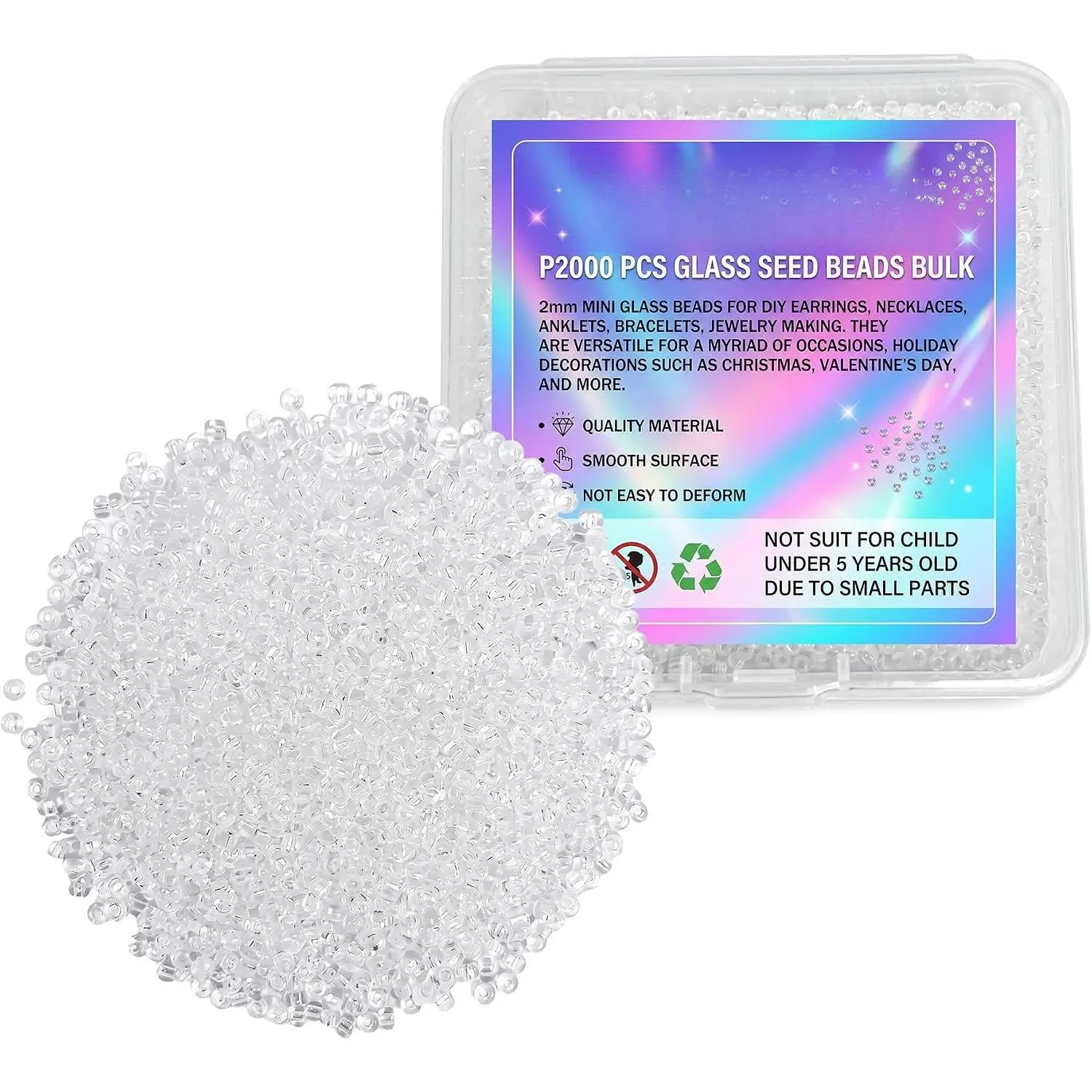 2mm Clear White Glass Seed Beads Bulk, 2000 count 12/0 Small Glass Bugle Beads | Small Round Beads for Craft Projects DIY  Necklaces, Earrings, Rings,  Making