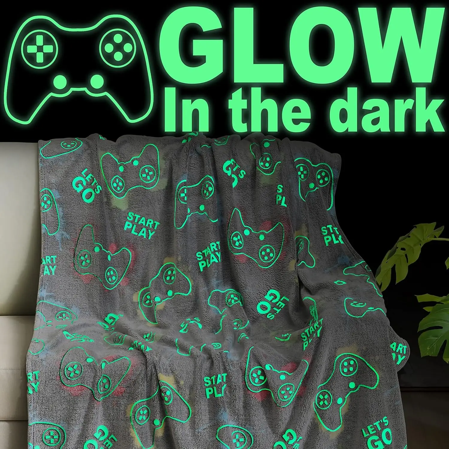 Glow-in-the-Dark Video Game Controller Blanket, 50x60in Soft Antistatic Textile, Grey Gaming Throw for Teenage Boys, Christmas/Thanksgiving Gifts, Bedroom Decor for Gamers, Indoor Use