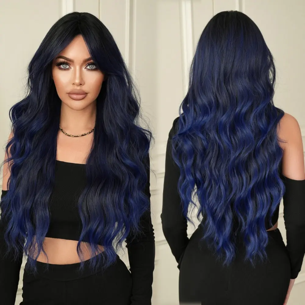 Women's Synthetic Costume Hairpiece - 1 Long Wavy Black-Blue Gradient Wig, Side-Parted Bangs, Natural-Looking, Cool Style, Ideal for Halloween, Themed Costumes