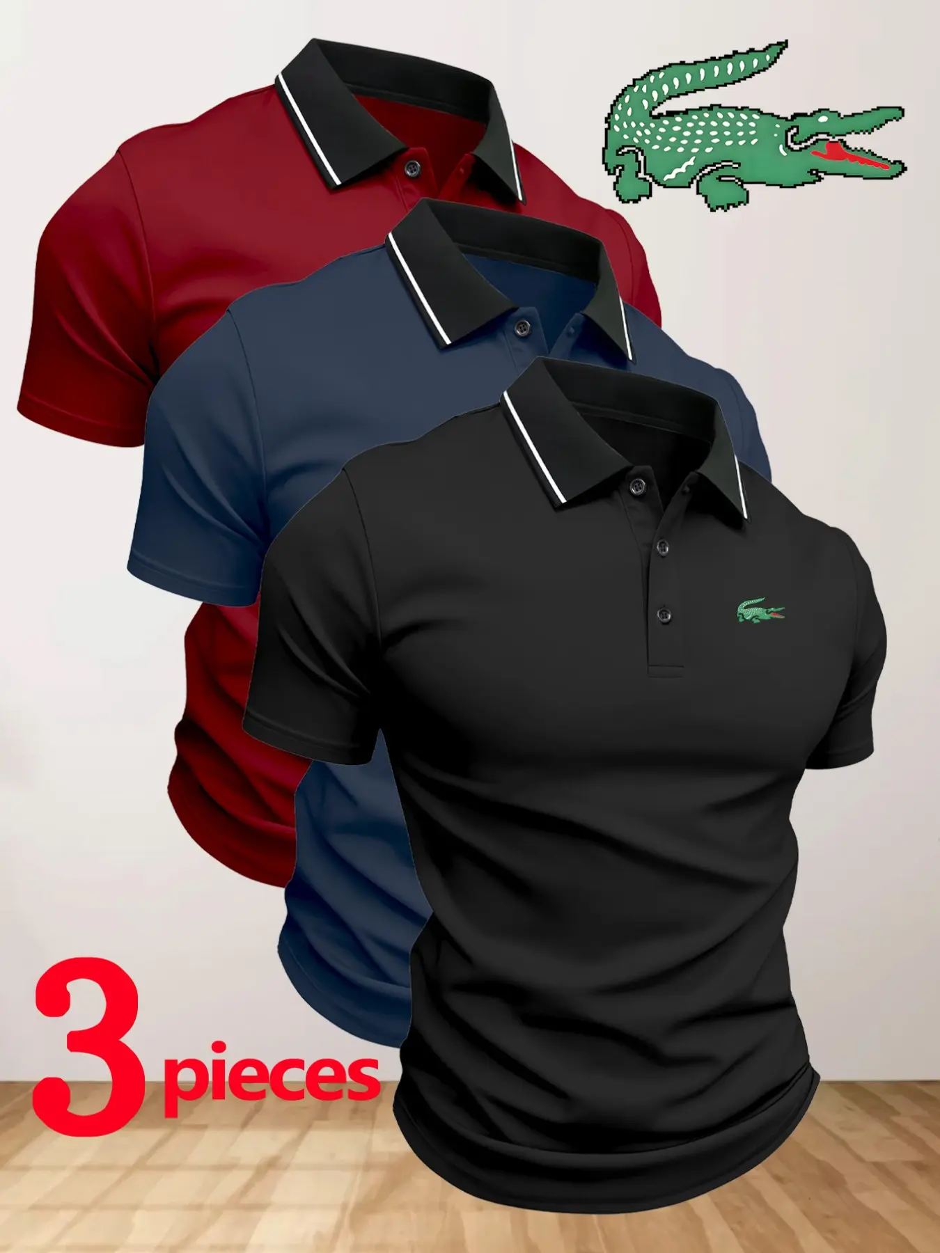 Men's Quick-Dry Polo Shirts Set, Crocodile Print, Breathable & Comfortable, Sporty Style, All-Season Wear, High-Quality Stretch Fabric