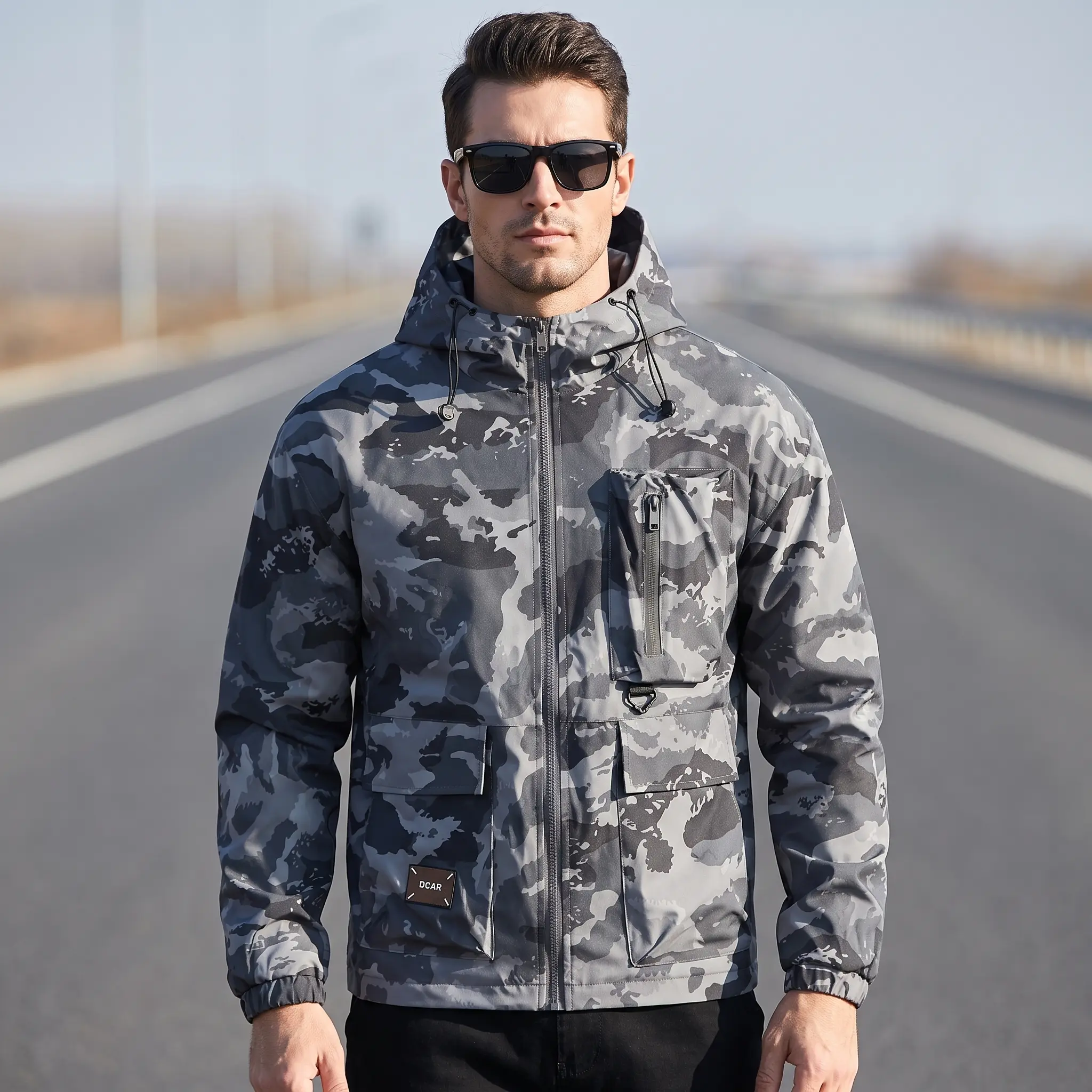 Men's Camo Zip-Up Hooded Fleece Jacket - Casual Fashionable Print Coat with Long Sleeves, Waterproof Regular Fit, Drawstring Pocket, Fall Winter Essential Streetwear for Daily Outdoor Use, Casual Fashionable Jacket, Zip Up Jackets