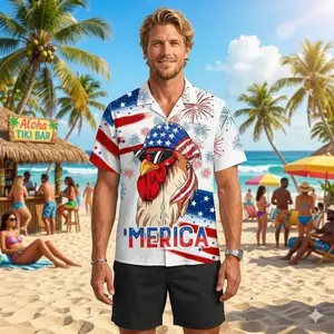 Men's Tropical Short-Sleeve Merica Rooster Hawaiian Shirt - Funny Patriotic USA Flag Menswear, 4th of July Party Outfit Gift