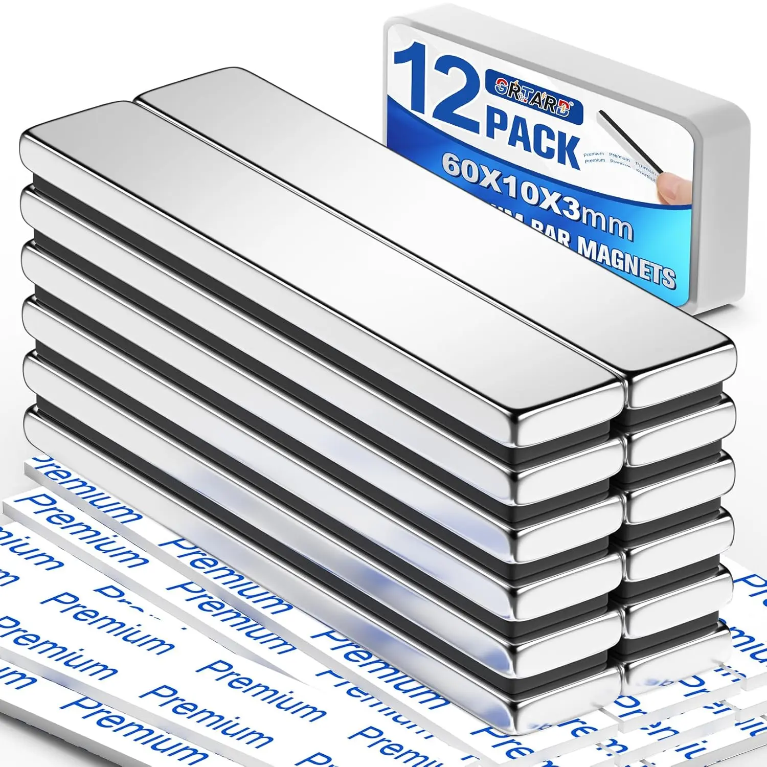 12 Pack Duty Rare Earth, 60x10x3mm| Neodymium Bar Magnets with-Sided, Strip for Fridge,,, Science, Craft, Office
