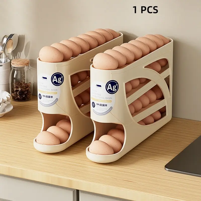 1 fridge side door multi-layer egg storage box: inclined mouth automatic rolling egg design rolling egg retrieval convenient kitchen sorting rack, Stackable fridge organizer, home egg storage, Refrigerator accessories