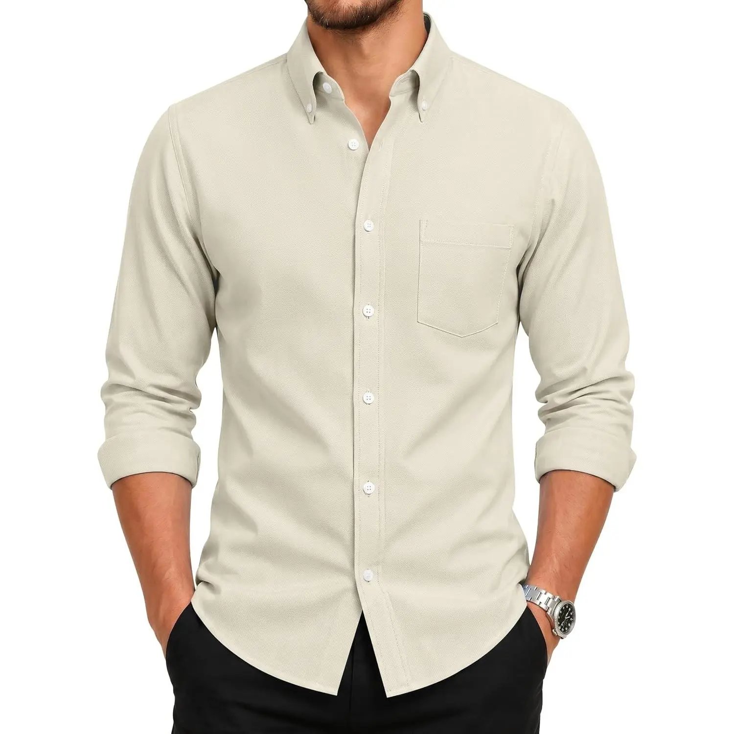 Men's Oxford Dress Shirt - Long Sleeve, Wrinkle-Resistant, Button-Down, Regular Fit with Pocket, Polyester-Cotton Blend, Pairable with Blazer, Jeans, Pants (Business Casual Wear), Smooth