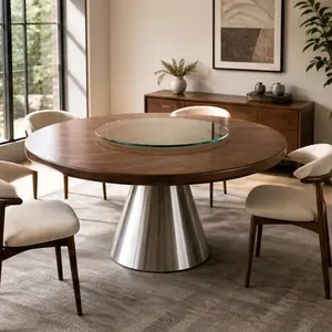 ARCH 47 Inch Solid Wood Round Dining Table with 23 Inch Tempered Glass Lazy Susan, Stainless Steel Base, Walnut Finish, Seats 6, Pedestal Design for Dining Room Kitchen Restaurant Home Office, Walnut Color Options, Wood Material, Color: Walnut
