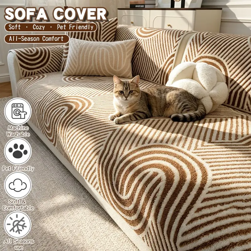 1PC Abstract Wave Pattern Plush Sofa Cushion, Non-Slip Modern Geometric Design, Pet-Friendly, Fits 3/4 Seat Sofas