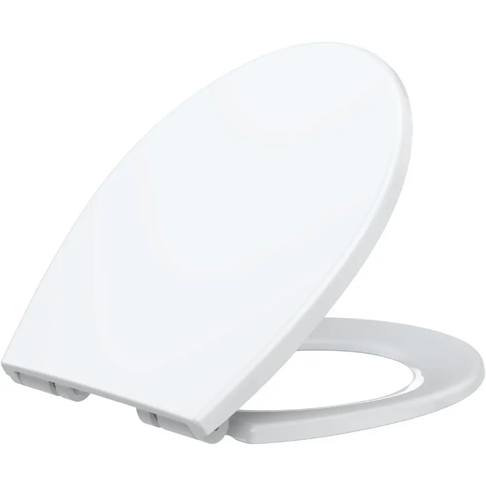 Slow Close Elongated Toilet Seat with One-Button Quick Release Hinges, Never Loosen Heavy Duty White Plastic Toilet Lid with Non-Slip Support, Easy Install Bathroom Upgrade