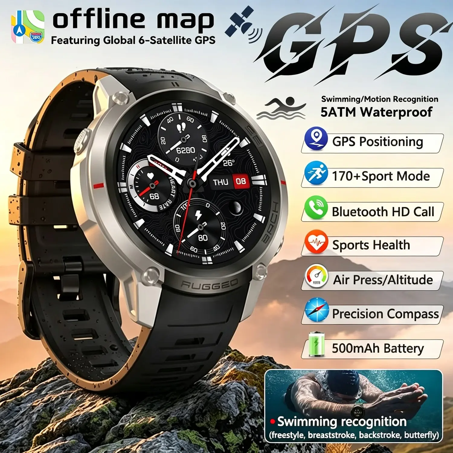 NEW GPS Offline Maps Sport Smart Watch 500mAh Battery Men AMOLED HD Screen 3D Menu Style 5ATM Waterproof Outdoor Smartwatch