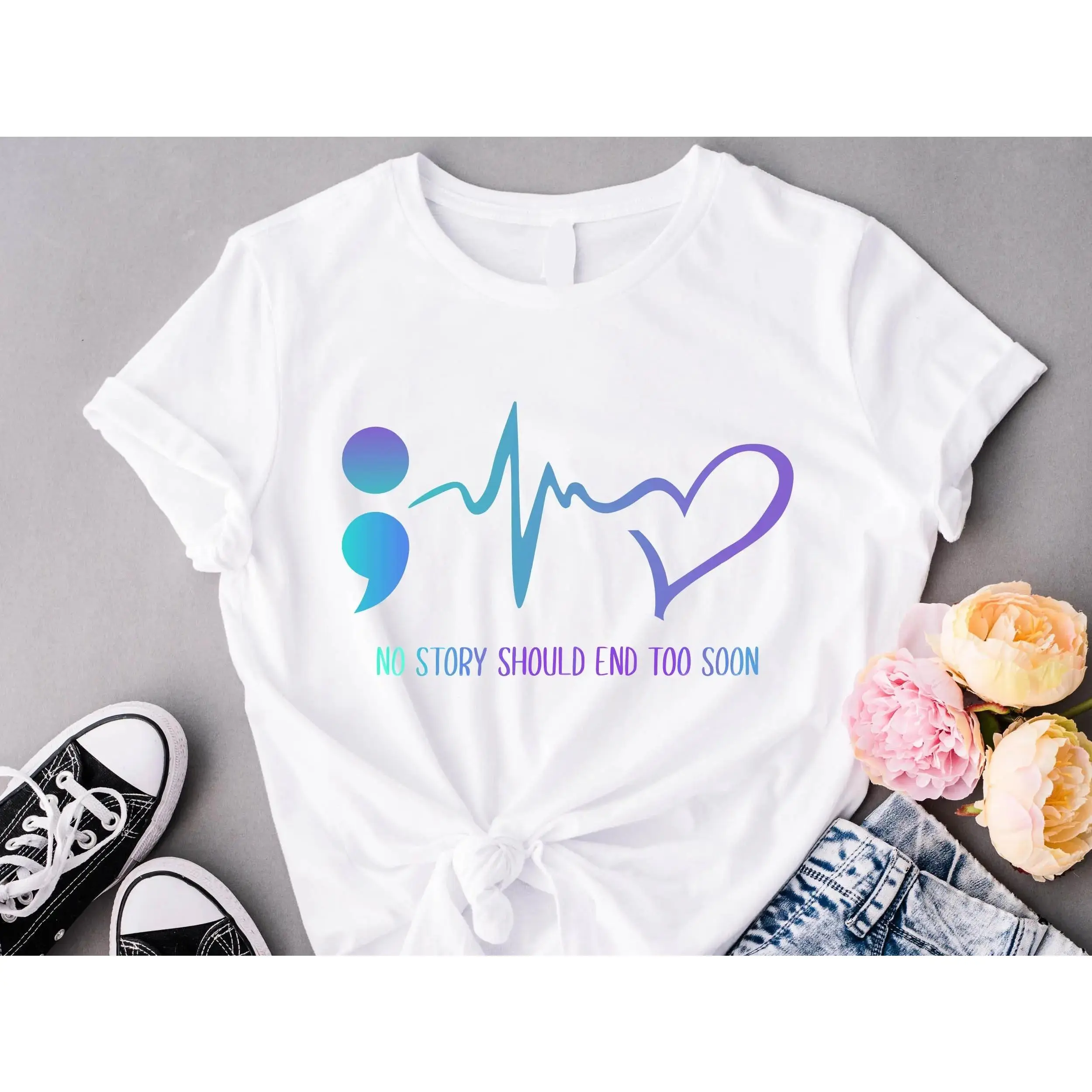 Crew Neck T-shirt with Suicide Prevention & Mental Health Awareness Graphics, Casual Short Sleeve Design with Vibrant Prints in Soft Fabrics, Shortsleeve, Everyday, Statement, Tshirt, Top, Style, Garments, Fashion, Printed, Fit, Breathable, Piece
