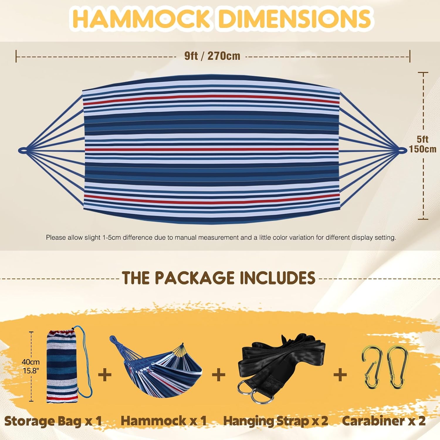 Cotton Hammock Portable Camping Hammocks for Hanging Sturdy Garden Comfortable Fabric Hammock with Tree Straps Up to 660lbs with Travel Bag for Camping Outdoor/Indoor Patio Backyard
