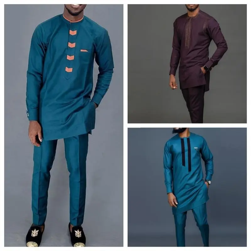 New 2Pc Luxury African Traditional Men's Elegant Full Suits Pant Sets Native Ethnic Outfit Dashiki Kaftan Long Sleeve Beige