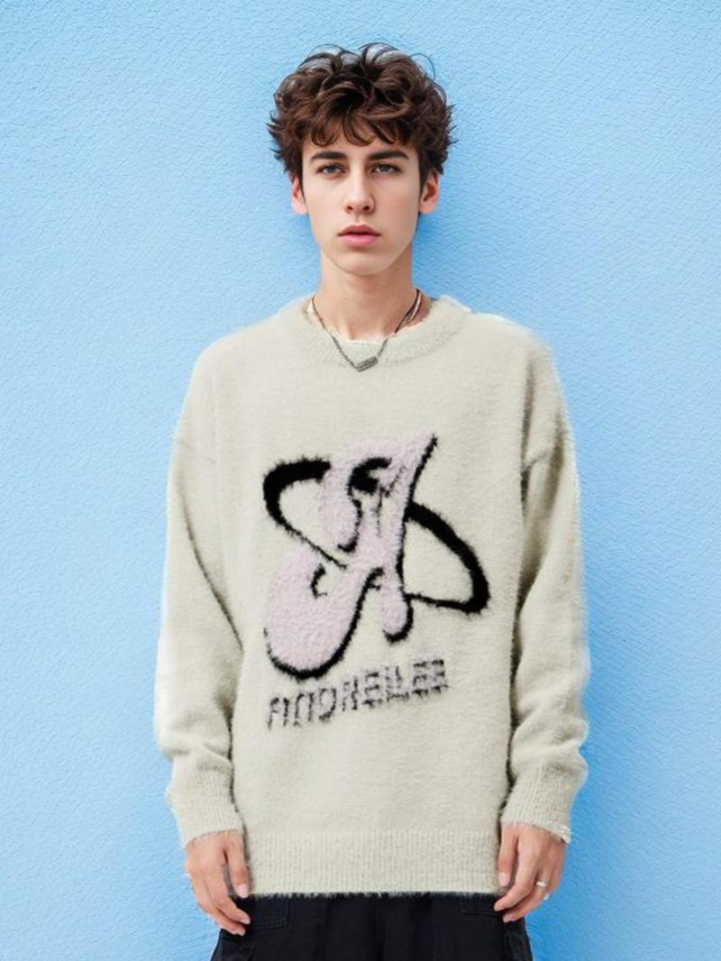 Casual Loose-Fitting Men's Gender-Neutral Sweater with Letter Pattern, Stylish Round Neck Long Sleeve Knit Loose Casual Pullover for Fall & Winter