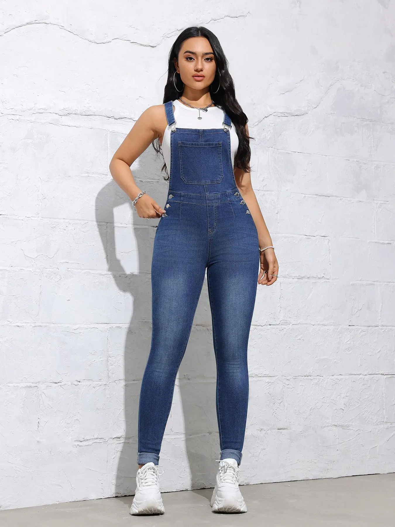 Women's Basic Plain High Waist Skinny Denim Sleeveless Overalls, Casual Pocket Button Overall Jeans Jean Jumpsuit for Daily Wear, Ladies Bottoms for All Seasons