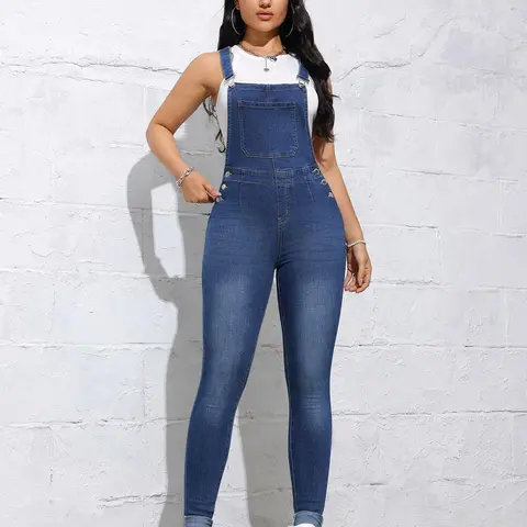 Women's Basic Plain High Waist Skinny Denim Sleeveless Overalls, Casual Pocket Button Overall Jeans Jean Jumpsuit for Daily Wear, Ladies Bottoms for All Seasons
