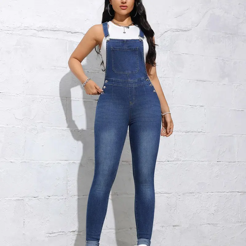 Women's Basic Plain High Waist Skinny Denim Sleeveless Overalls, Casual Pocket Button Overall Jeans Jean Jumpsuit for Daily Wear, Ladies Bottoms for All Seasons