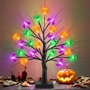 Halloween Illuminated Tree, 24 LED Light Branches, Artificial Ghost Spider Pumpkin Bat Decorations for Indoor Home Party