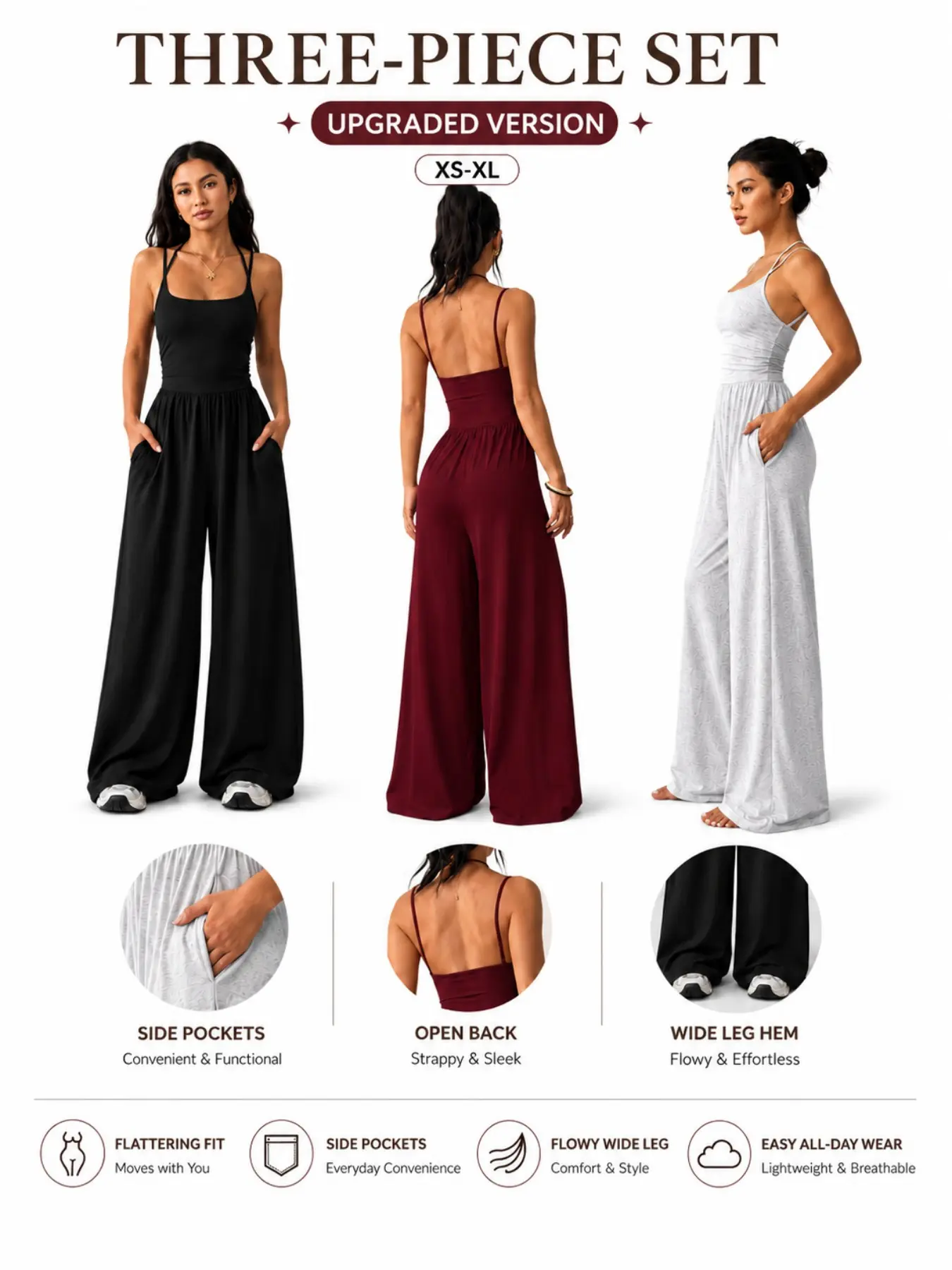 Women's 3 Pack Wide Leg Jumpsuits, Spaghetti Strap Open Back Rompers, Sleeveless Floor Length, Sexy Summer Lounge