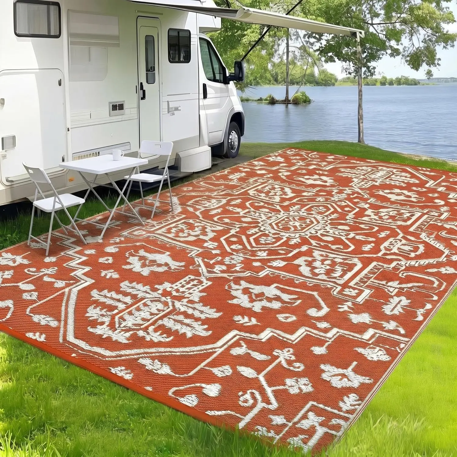 Reversible Outdoor Rug, Waterproof Plastic Patio Rug with Stakes & Carry Bag, UV Resistant Foldable Carpet for Patio, Deck, Camping, RV
