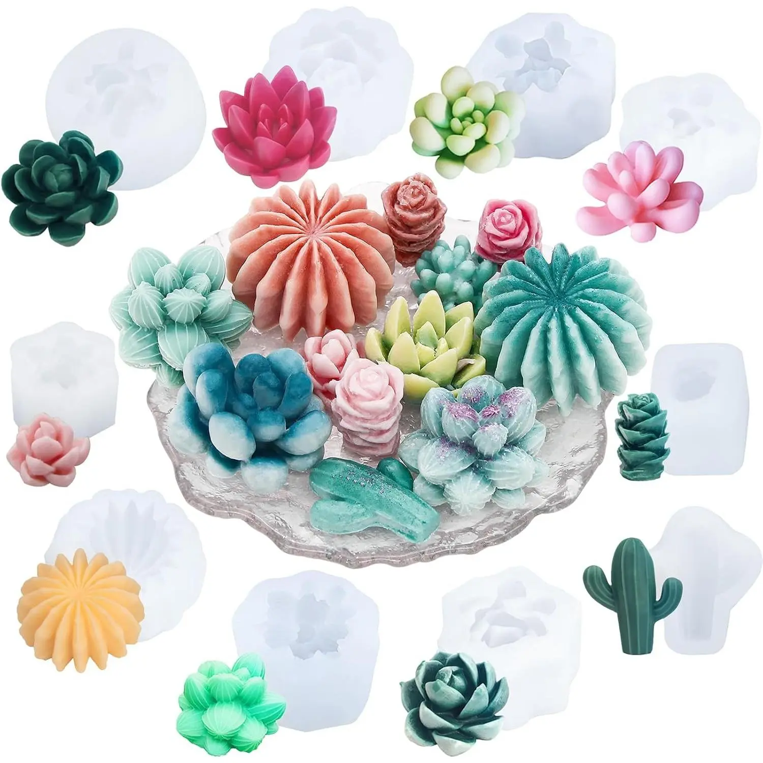 3D Succulent Flower Silicone Molds, 10Pcs Plant Flower Resin Mold for Candle Soap Cake Decoration Making, Scented Wax Candle Soap Silicone Molds