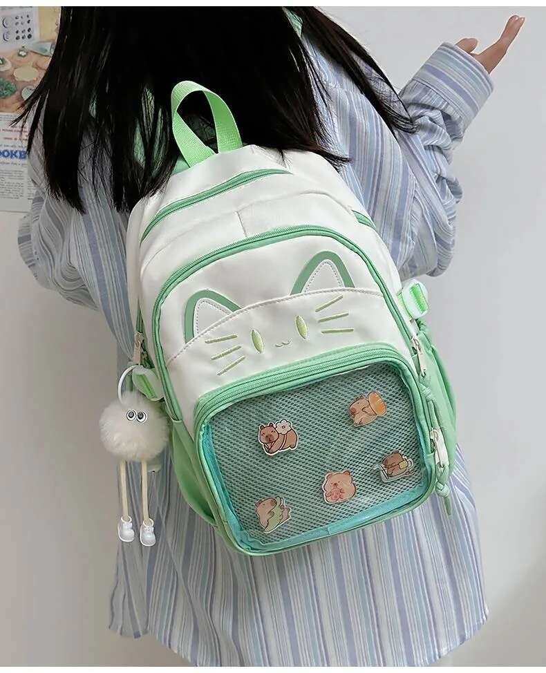 Y2K Cute Cat Ita Backpack Large Capacity Knapsacks Casual Girl Transparent DIY Display Rucksack Cartoon Trendy Travel Schoolbags