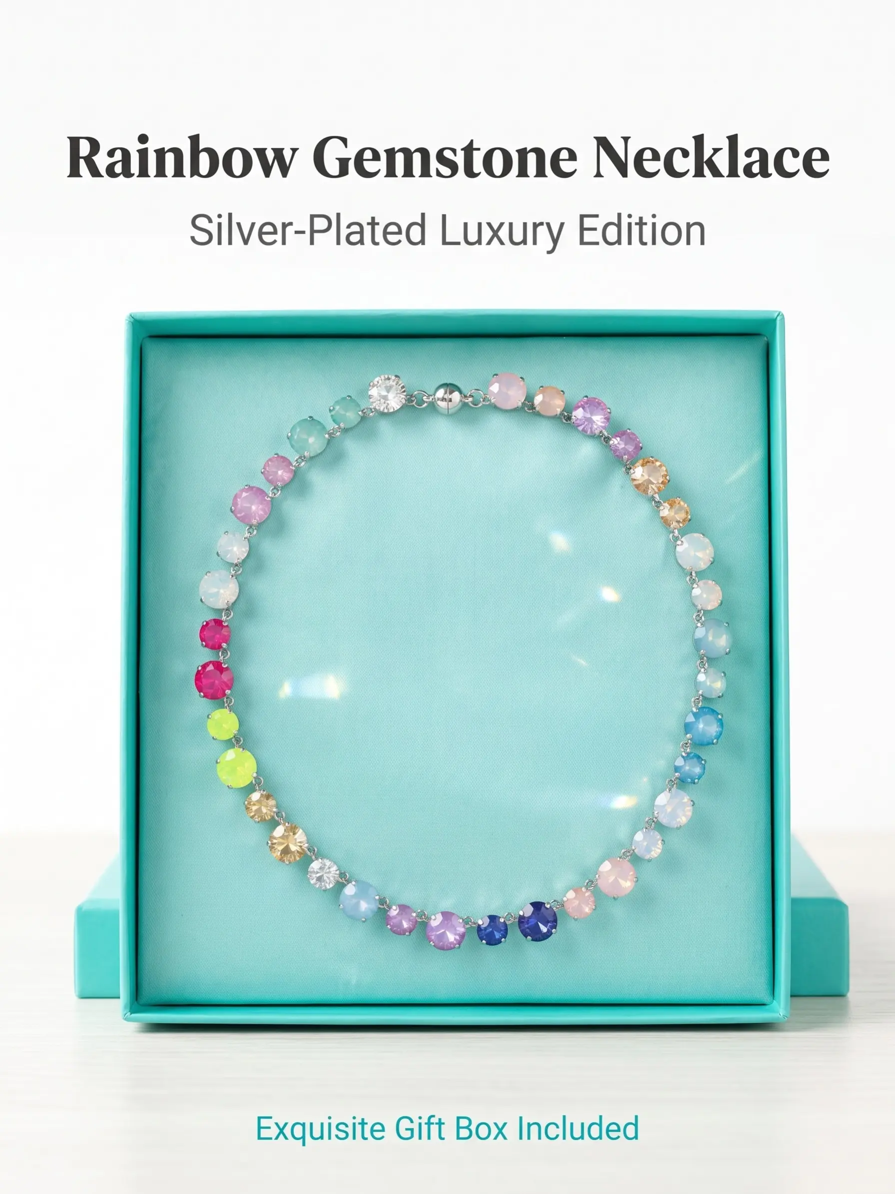 Rainbow Macaron Gradient Crystal Necklace, Full Rhinestone Sparkly Magnetic Clasp Statement Jewelry