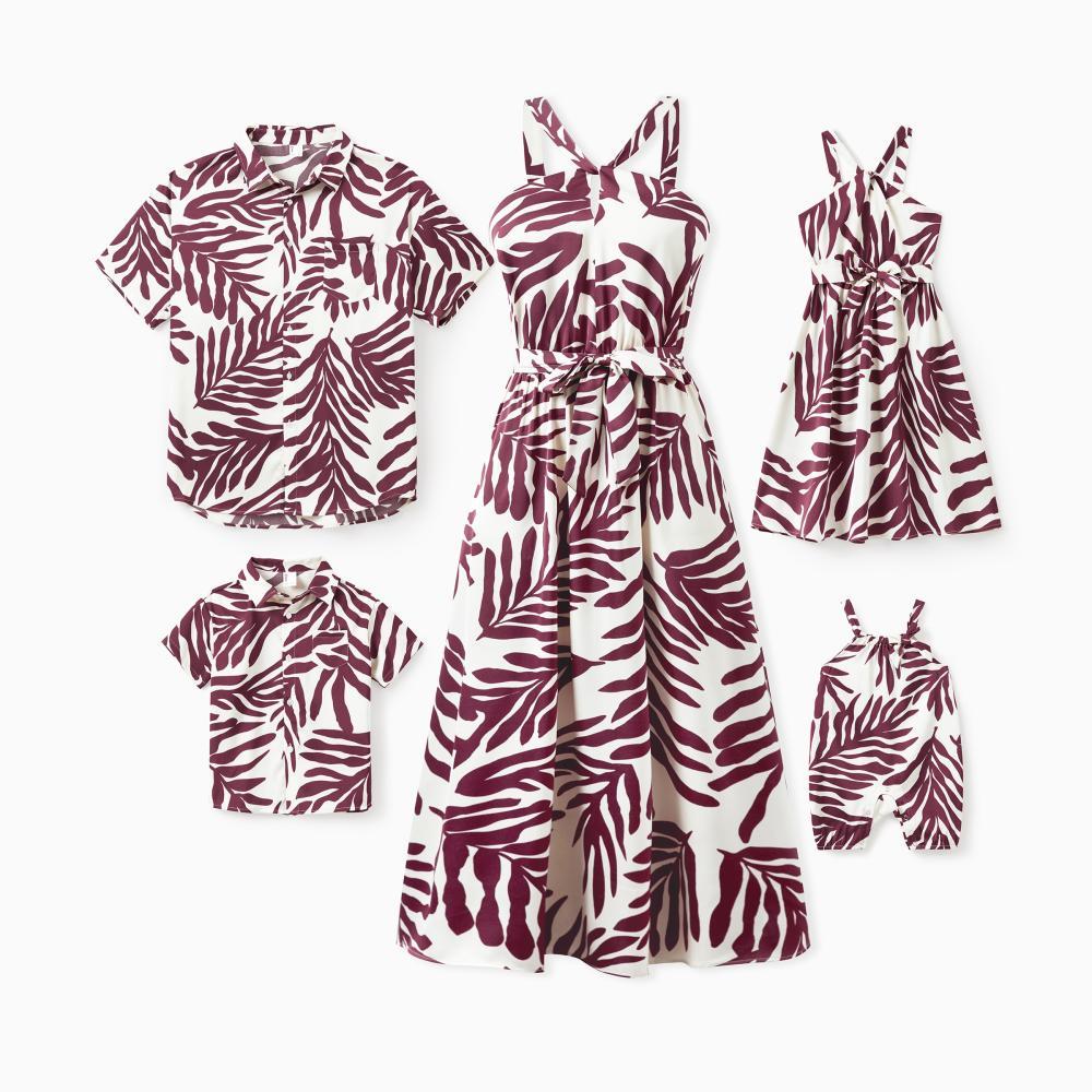 PatPat Family Matching Outfits Red Leaf Print Shirts and Strap Belted Dress for Hawaii/Cruise/Resort/Casual Wear