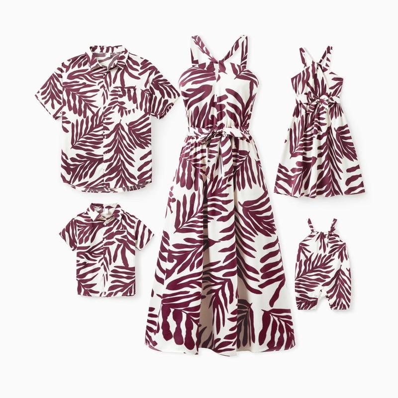 PatPat Family Matching Outfits Red Leaf Print Shirts and Strap Belted Dress for Hawaii/Cruise/Resort/Casual Wear