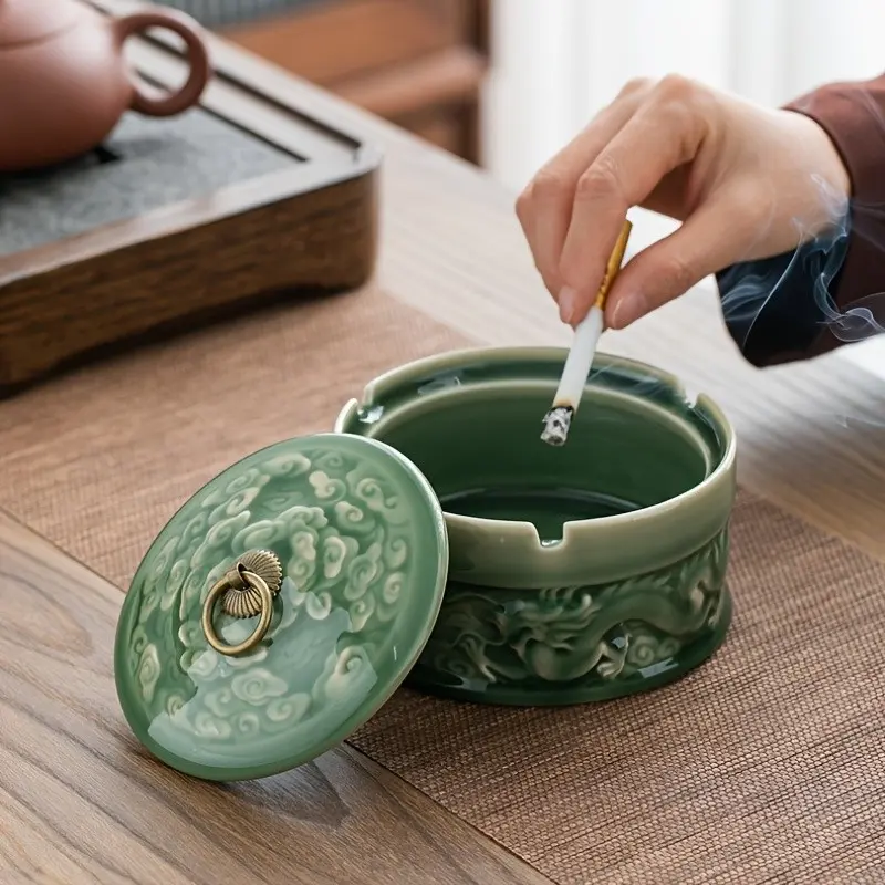 with Lid Table Top Glazed Color Ash Tray Handmade Dragon Pattern Decorative Office Ashtrays Living Room