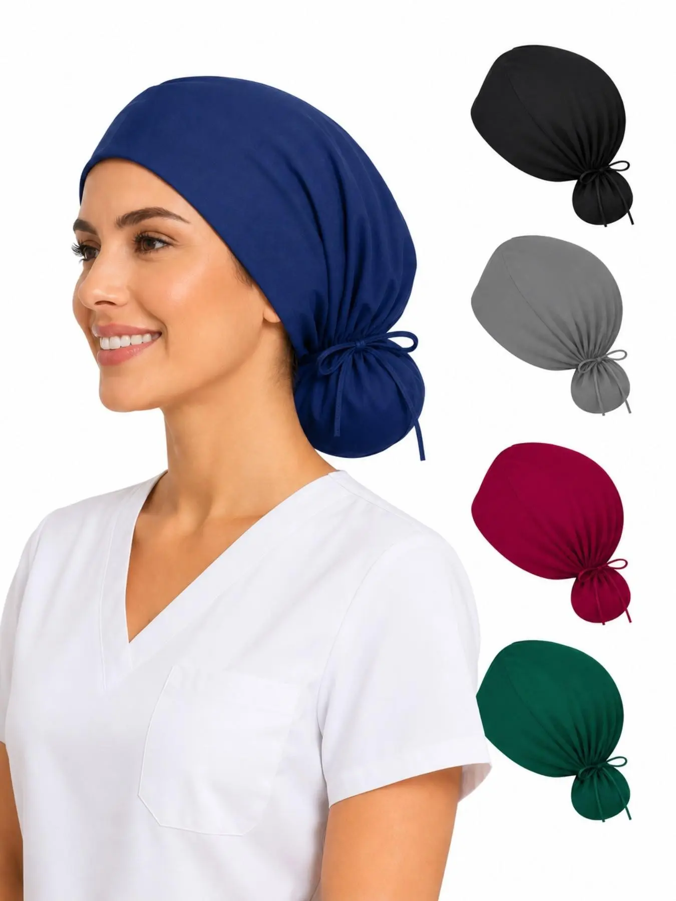Ponytail Scrub Cap for Women, Adjustable Drawstring Surgical Cap, Solid Color Medical Work Hat for Nurses, Doctors, Dentists, Headwear