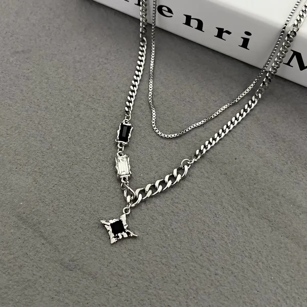 Hip-Hop Stainless Steel Layered Necklace with Star/Triangle Pendant & Rectangular CZ - Adjustable and Waterproof Unisex Choker for Everyday Wear
