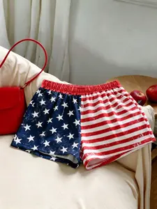 Women's American Flag Print Casual Shorts, Elastic Waist Loose-Fitting Baggy Summer Pants, All over Print, Plain Surface, Unlined