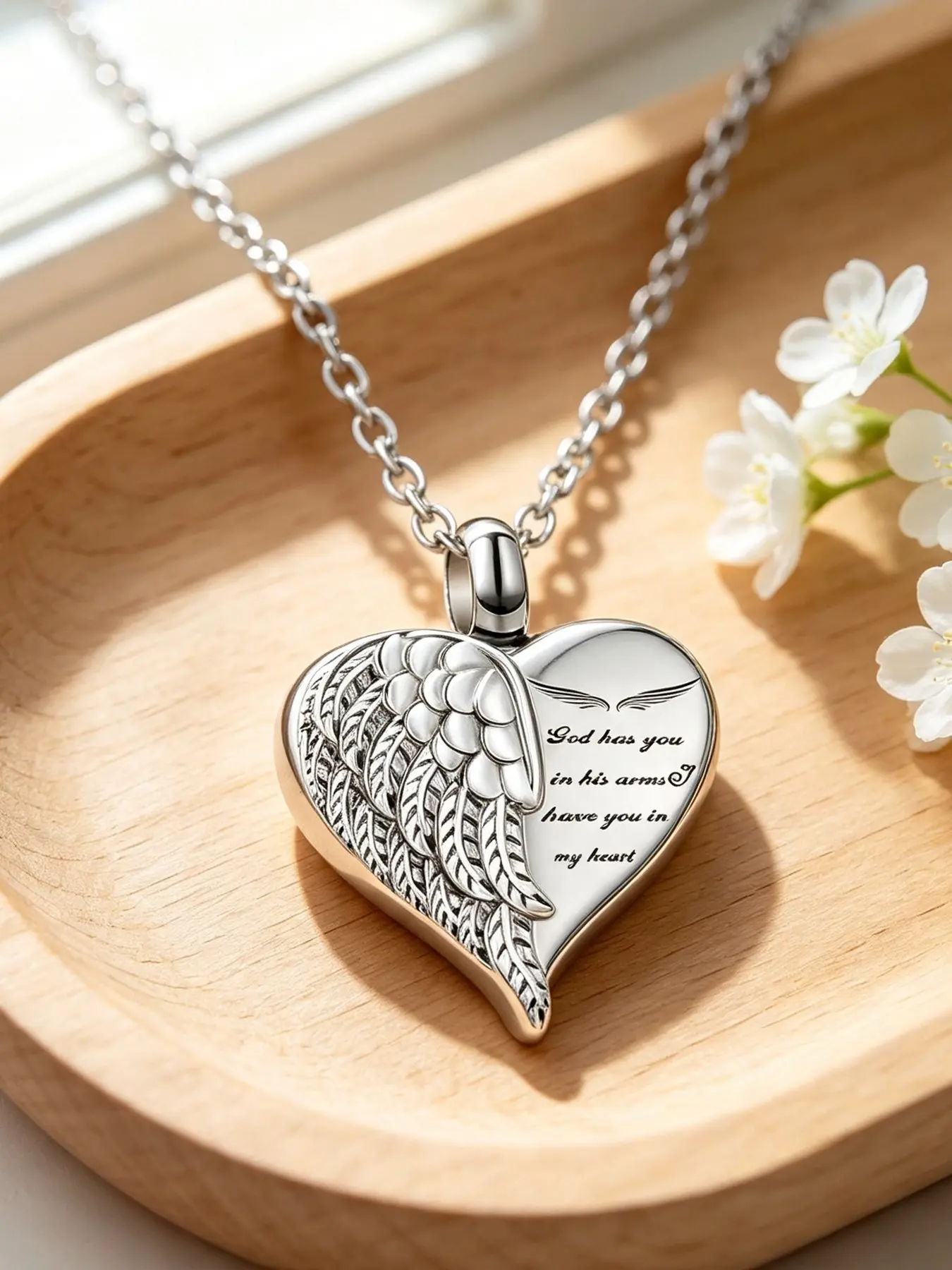 1 Pcs Cremation Heart Urn Necklace Ashes Jewelry for Women Men with Mini Keepsake Urn Memorial Ashes Jewelry - God has you in his arms I have you in my heart