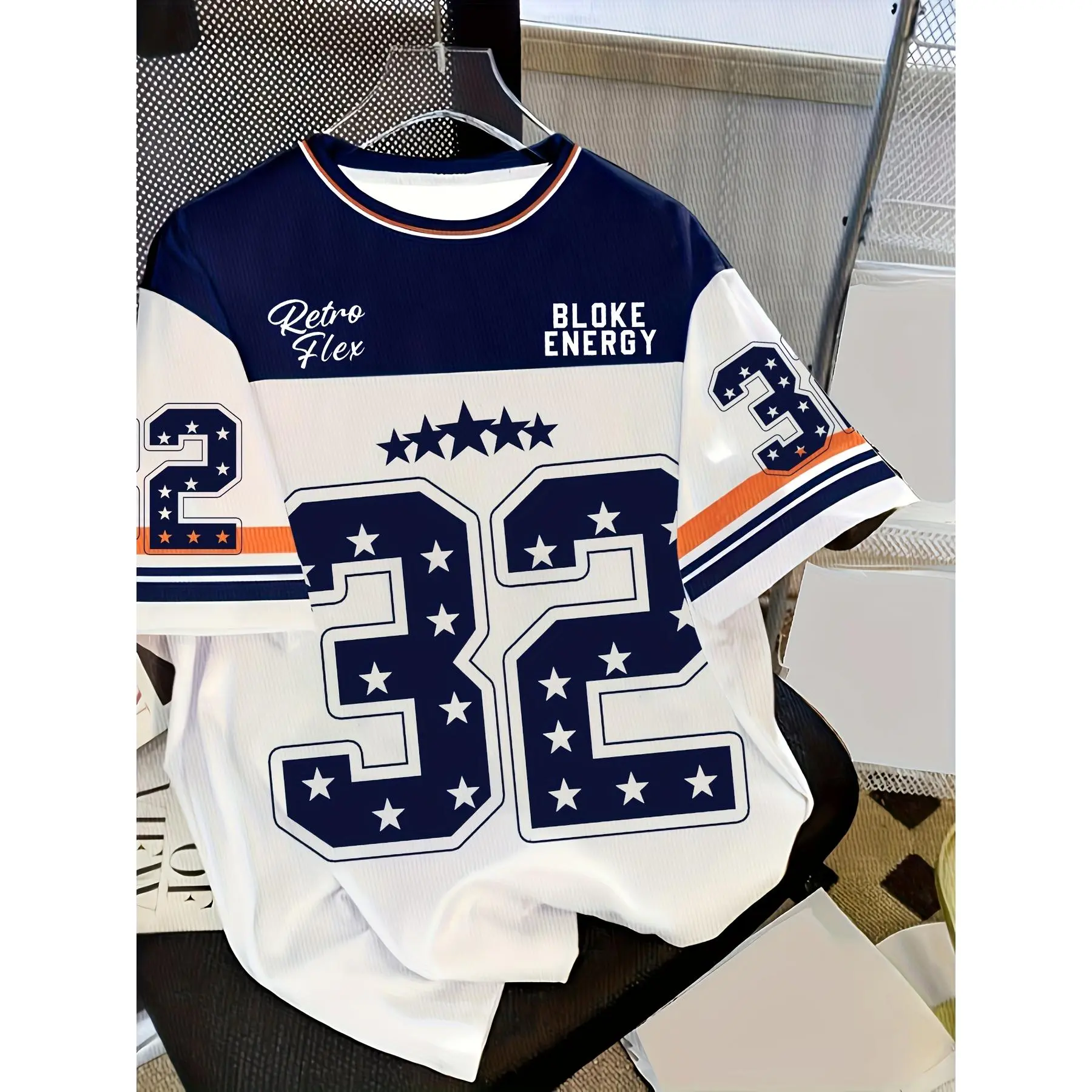 American retro No. 32 star jersey T-shirt, navy blue, white and orange contrasting colors, loose short-sleeved men's trend