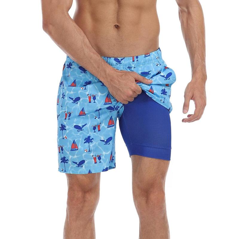 Mens Printed 7" Inseam Swim Trunks with Compression Liner Swimming Shorts,Beach Quick Dry Fabric Front Pockets & Adjustable Drawstring - Swimming Shorts