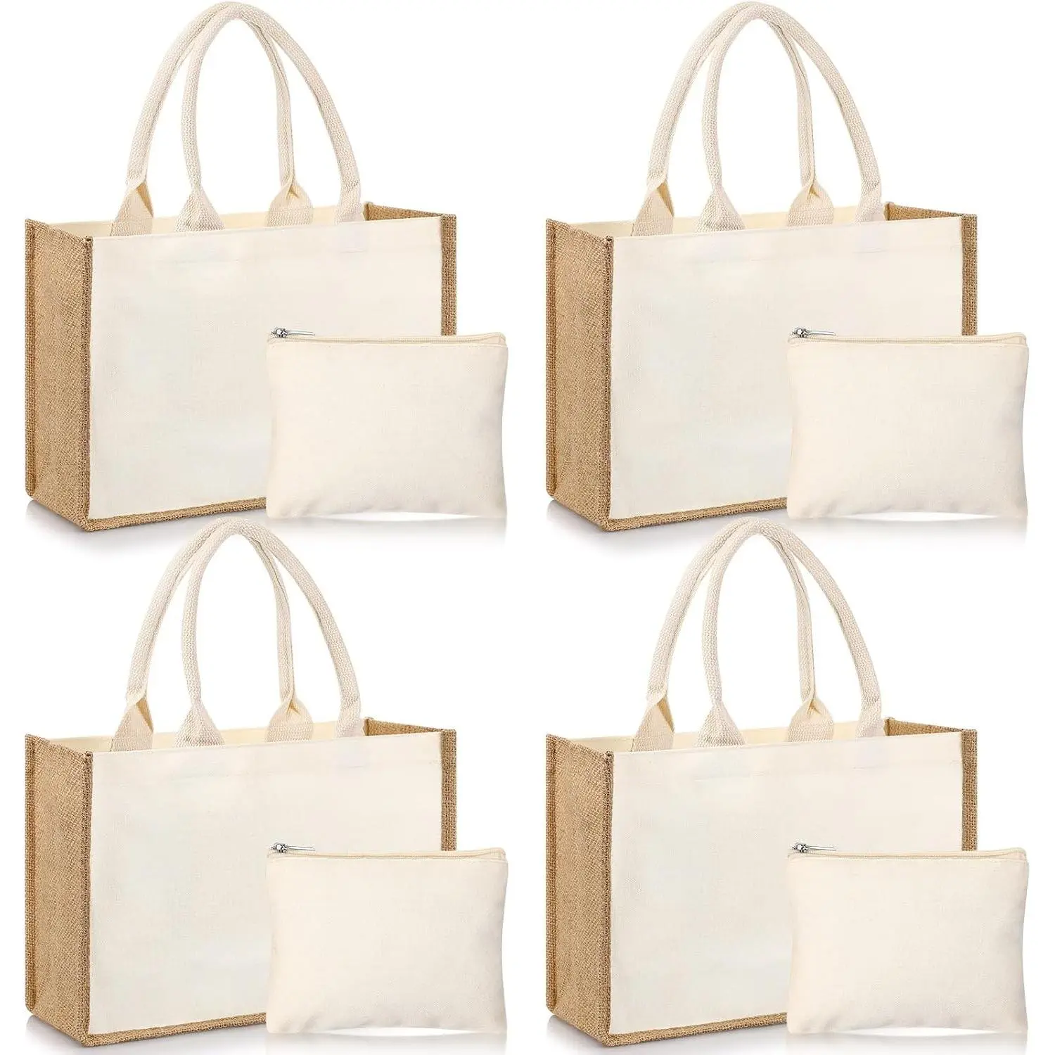 4-Pack Jute Burlap Tote Bags with Canvas Makeup Pouch, Reusable DIY Craft Blank Gift Bags for Wedding Bridesmaid (Simple, Beige)Gift