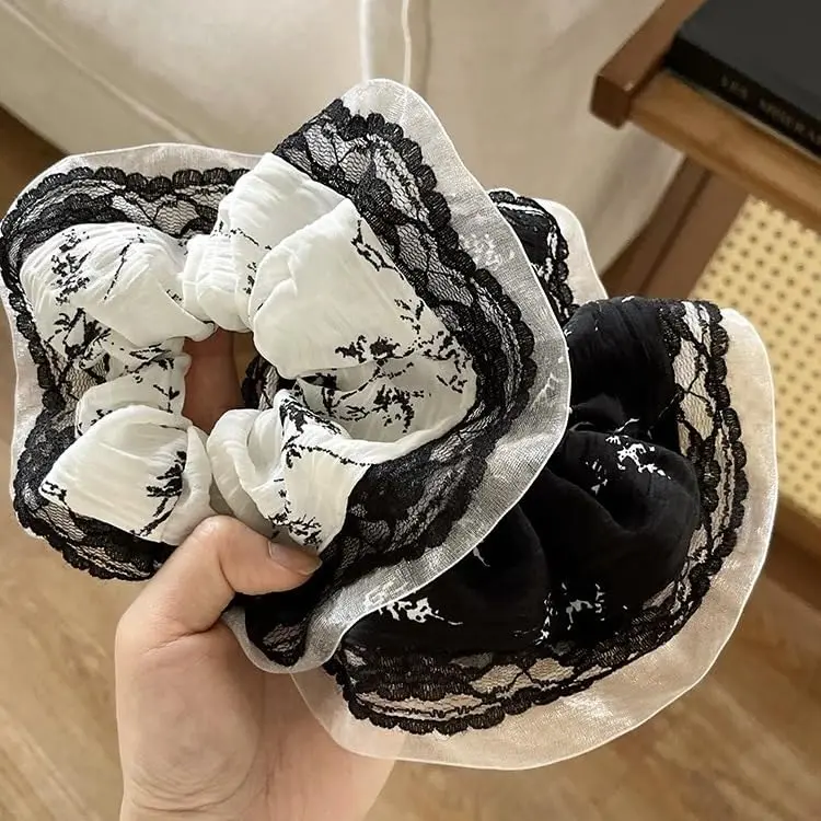 Scrunchies for Women Girls 2 count White Black Organza Lace Scrunchies for Long Thick Curly Hair Ultra Soft Hair Bands Large Elegant Scrunchie Cute Ponytail Holders No  Elastic Hair Ties