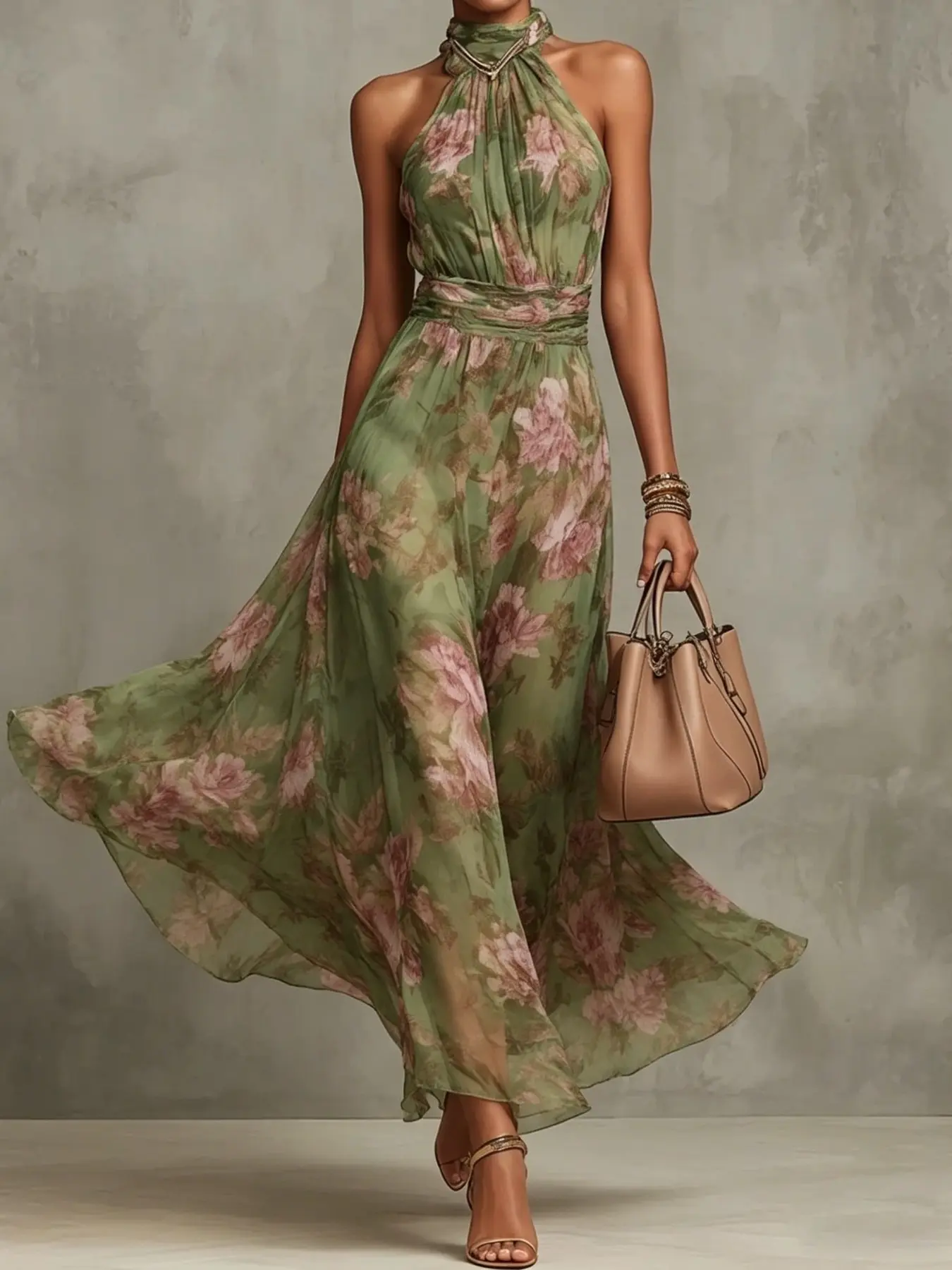 Women's Halter Neck Sleeveless Dress, Fashion Floral Full Print, A-Line Straight Waist Design, Perfect for Party & Formal Wear, 1 Piece Set, Elegant Fashion Aperol Spritz Dress