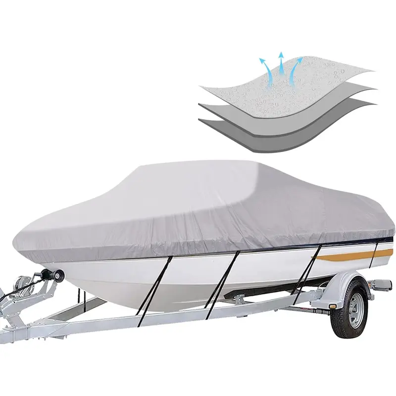 Heavy-Duty Waterproof Trailerable PVC Coated Boat Cover, 16ft-18.5ft Long, Up to 94in Beam Width, Adjustable Strap Tightening, UV Resistant, Elastic Hem, Storage Bag, Fits V-Hull, Fishing & Ski Runabouts for Trailering, Boat Storage & Mooring