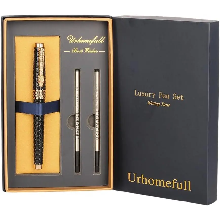 Stunning Luxury Rollerball Pen with 24K  Trim,Switzerland Tip with Black Ink Refills,  Roller Ponit Pen  Set for Men Women, Fancy Writing Set for Business,Black